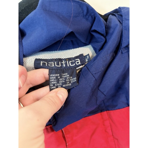 Vintage Y2K Nautica Color Block Windbreaker Jacket Mens Medium Roll Up Hood Flaw - Picture 4 of 7